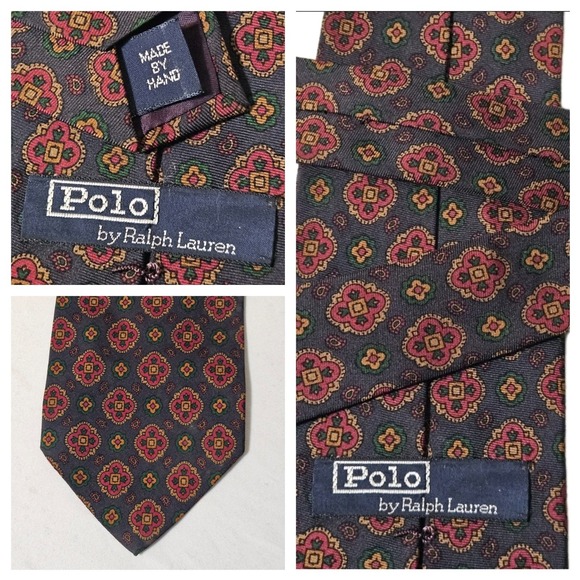 Vintage Polo Ralph Lauren Silk Tie Men Silk Hand Made USA Red Green Floral - Picture 1 of 8